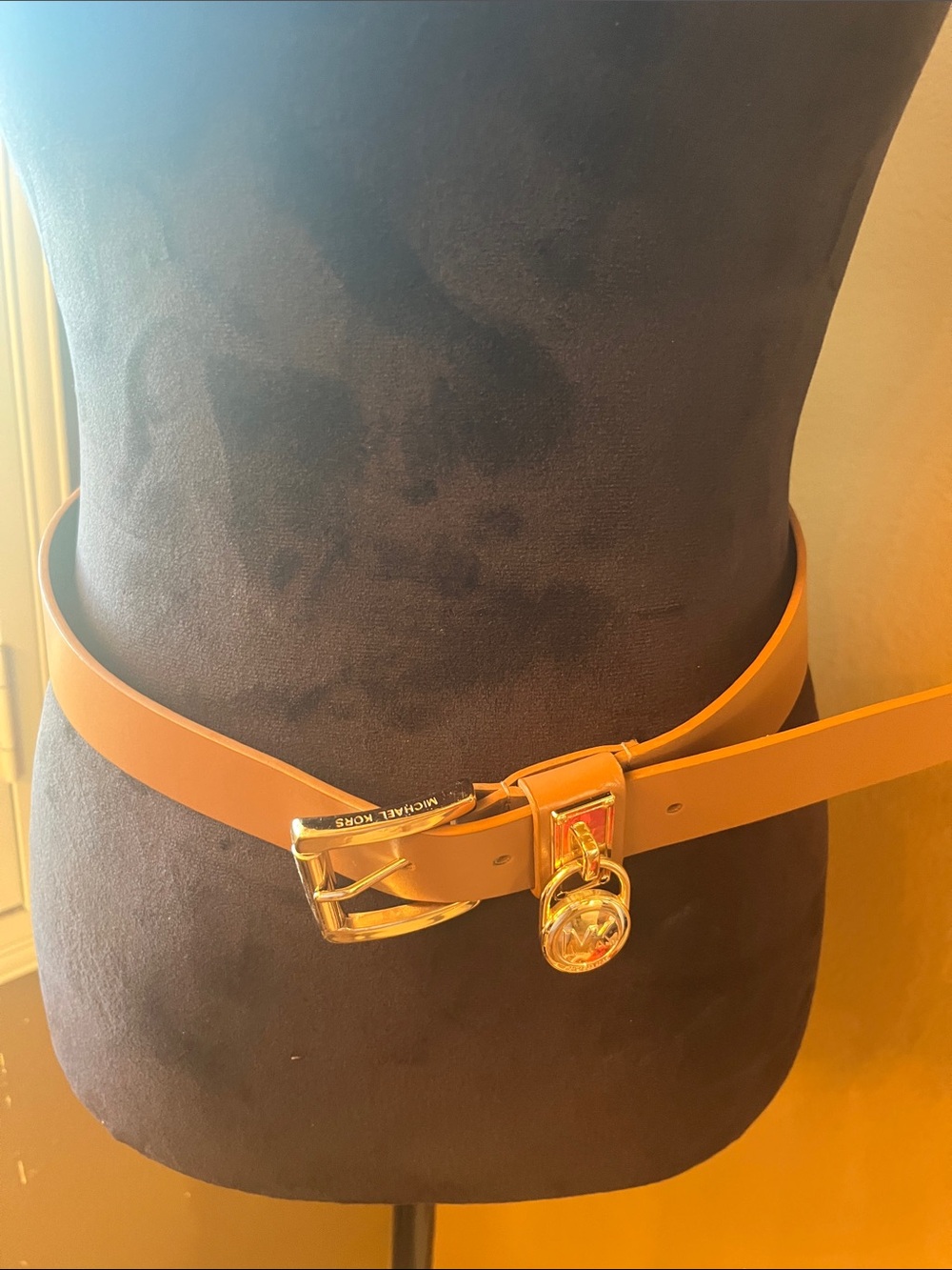 Michael Kors Tan/cognac color Leather Belt with Gold Logo Lock Charm